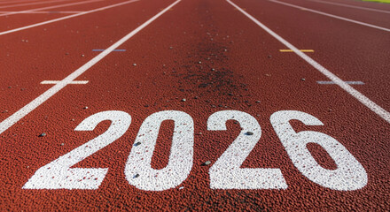 2026 written on a running track, symbolizing a new year, start of a race, goals, and a fresh beginning