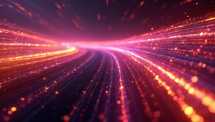 Obraz premium Abstract streaks of vibrant pink, orange light move rapidly against dark background. Glittering particles, glowing bokeh effects create futuristic, high-speed motion blur. Energetic digital design