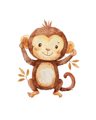 Cute watercolor monkey illustration, perfect for nursery wall art, jungle animal decor, kids room prints, and children's book illustrations.