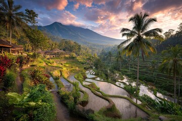 Lush terraced rice paddies at dawn, framed by lush greenery and palm trees, with a mountain backdrop