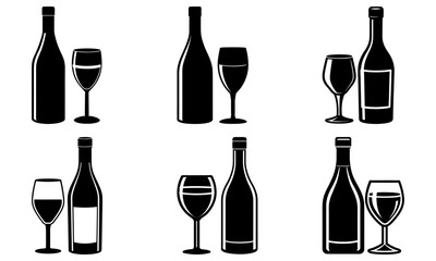 Illustrations of wine bottles and glasses in monochrome black and white