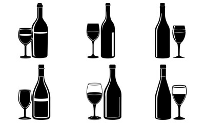 Illustration of six wine bottles and glasses in a black and white style