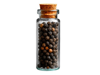 Black pepper in a glass jar with a cork lid for culinary use