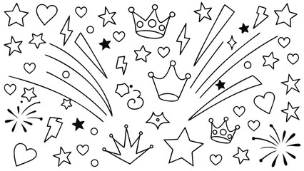 Doodle pattern with crowns stars hearts lightning fireworks and abstract shapes in black and white design