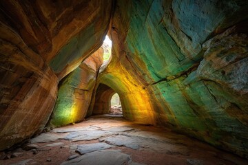Obraz premium Colorful sandstone cave interior, sunlight shafts