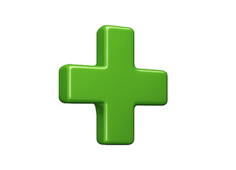 Fototapeta premium A bright green three dimensional plus sign symbol with rounded edges representing addition growth or a medical cross isolated on transparent background