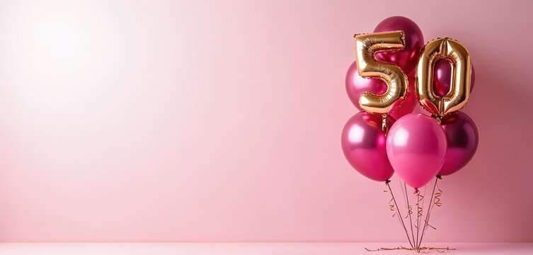 Festive pink background with glossy balloons and golden number 50. Ideal for 50th birthday or anniversary celebrations. Plenty of empty copy space for invitations, announcements, or greeting cards.