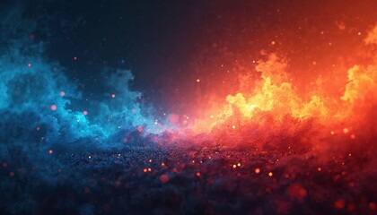 Energetic abstract background features red, blue grainy gradient with noise texture effect, creativity, contrast. Blurred soft bokeh lights, dark backdrop enhance dynamic design, suitable for modern