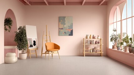 Creative Studio Spaces: Inspiring creative studio spaces with modern furniture and artistic decor, isolated on a white background