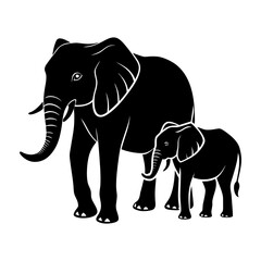 Fototapeta premium Silhouette image of an adult elephant with a baby elephant standing