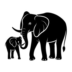 Illustration of a mother elephant with her baby in black silhouette