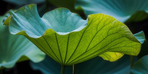 Vibrant green lotus leaf with intricate veins and natural textures in sunlight