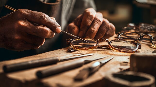Close up of a craftsman's hands meticulously assembling eyeglasses with specialized tools on a wooden workbench