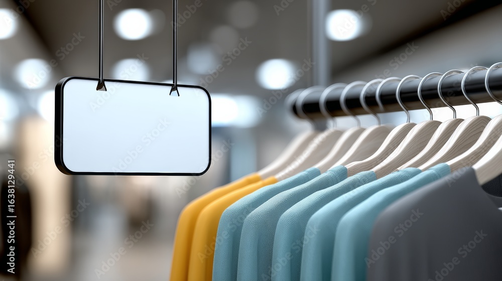 Aufkleber sign hangs from a rack of clothes in a store. the sign is white and has no writing on it. the clothe
