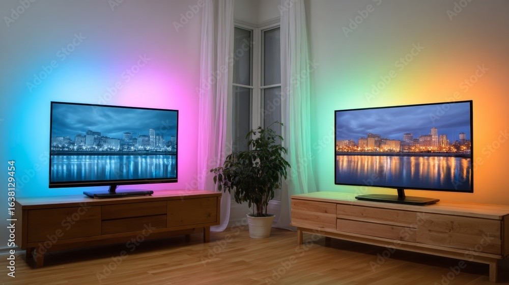 Poster two televisions are lit up with different colors and are showing different images. one of the televi
