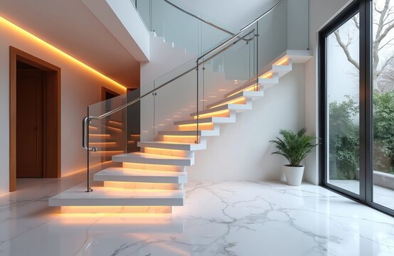 Modern L-shaped floating staircase glowing white marble steps illuminated by discreet RGB lighting. Frameless glass side panels enhance sleek design of luxury home interior. Architecture features