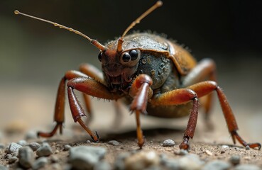 Fototapeta premium Macro view of giant water bug, aquatic insect with brown, orange body, prominent legs. Large arthropod exhibits detailed features including antennae, segmented limbs, set against blurred natural
