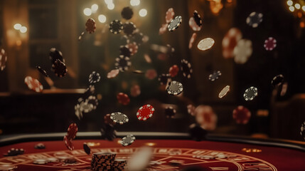 Dynamic Gambling Concept with Flying Chips, Roulette Wheel Ambience, Risk & Reward Metaphor Background.Generative AI