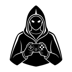 Silhouette of hooded figure holding a game controller in black and white