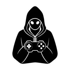 Silhouette of a hooded figure holding a game controller in black and white