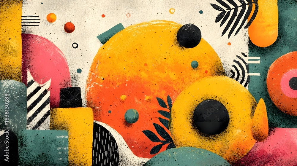 Poster colorful and imaginative abstract still life featuring dynamic geometric shapes bold patterns and a 
