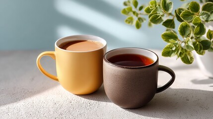 Two cups of tea sit on a table, one yellow and one brown. The yellow cup is filled with a light tea, while the brown cup contains a darker tea. The cups are placed next to a potted plant