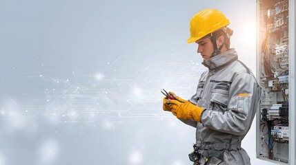 Electrician in yellow hard hat and grey uniform holding pliers near open electrical panel with wires and circuits