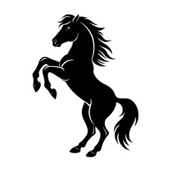 Silhouette of a rearing horse with flowing mane and tail in black color