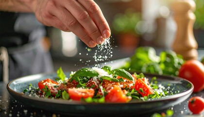 Chef Hand Sprinkling Seasoning On Fresh Salad
