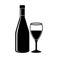 Silhouette of a wine bottle and a wine glass filled with red wine drink