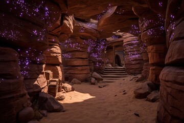 Desert canyon, glowing purple crystals