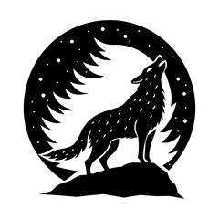 Silhouette of a howling wolf against a moonlit forest background art