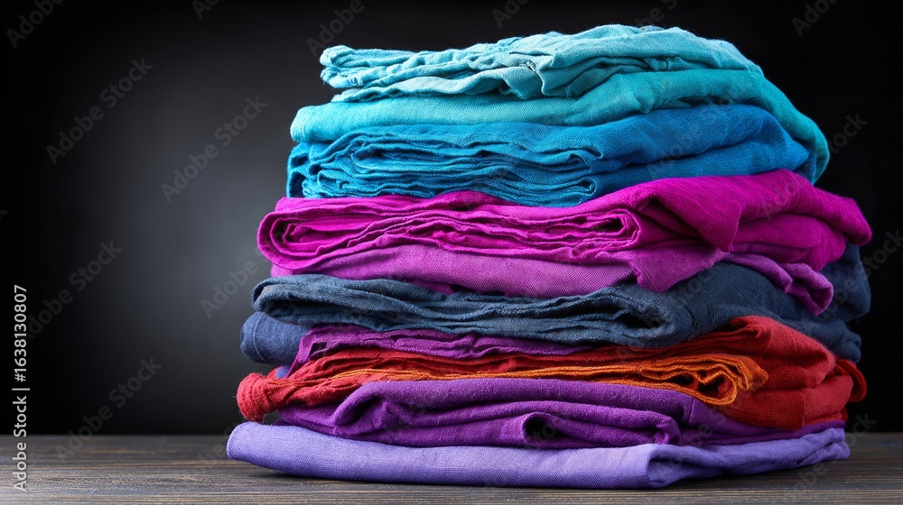 Poster stack of colorful clothes on a table. the clothes are of different colors and sizes, and they are pi