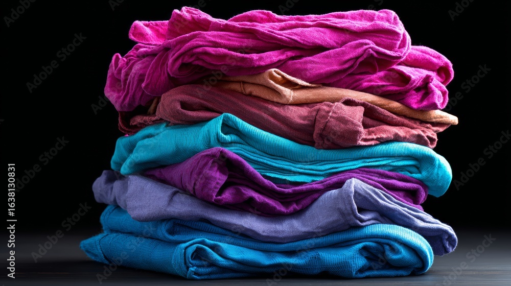 Poster stack of colorful shirts on a table. the shirts are of different colors and sizes, and they are pile