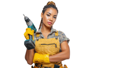 Female worker holding a drill, wearing protective gloves on white isolated background.