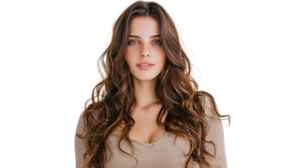 Portrait of a young woman with long hair and soft smile, isolated on a white background.