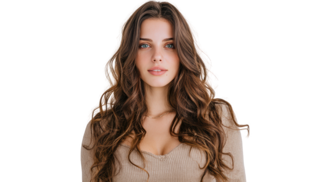 Portrait of a young woman with long hair and soft smile, isolated on a white background.