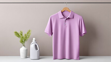 White bottle of detergent sits next to a purple shirt hanging on a clothesline. The shirt is a bright, eye-catching color that stands out against the white bottle