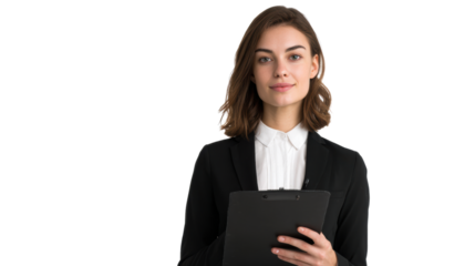 Professional woman in a suit holding a clipboard, smiling, white isolated background.
