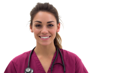 Smiling healthcare professional wearing scrubs and stethoscope, isolated on white background.