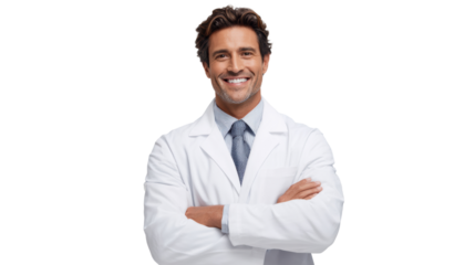 Smiling male doctor in a white lab coat with arms crossed, isolated on a white background.