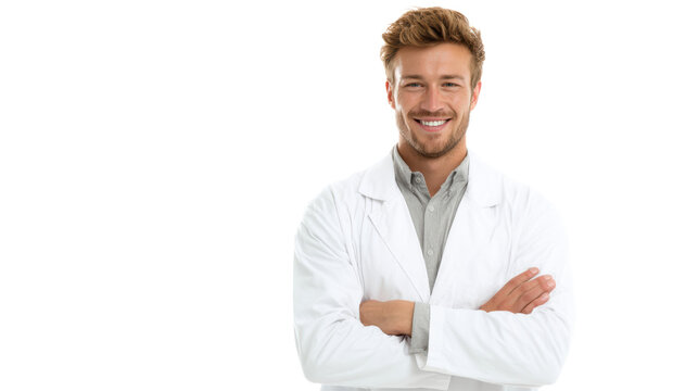 Smiling male doctor in a white coat with arms crossed, isolated on a white background.