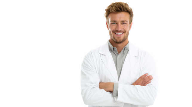 Smiling male doctor in a white coat with arms crossed, isolated on a white background.