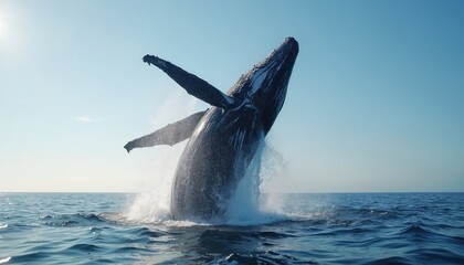 Naklejka premium Humpback whale breaches dramatically, launching from ocean water. Giant marine mammal leaps skyward, spraying water. Sunlight glints off body, fins. Majestic display of nature power, ideal for