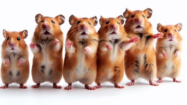A closeup of a group of hamsters standing upright on their hind legs against a white background. The hamsters are captured in various poses, with one standing upright and the others spread out.