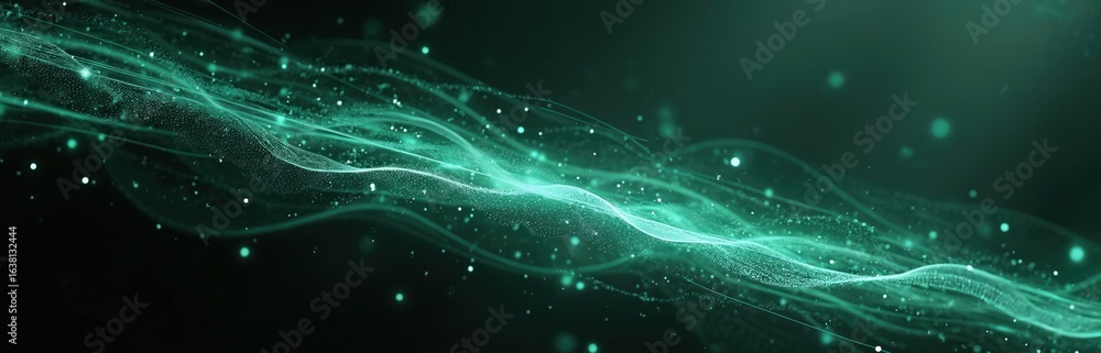 Poster abstract background with flowing mint green lines and particles on black. dynamic tech design. futur