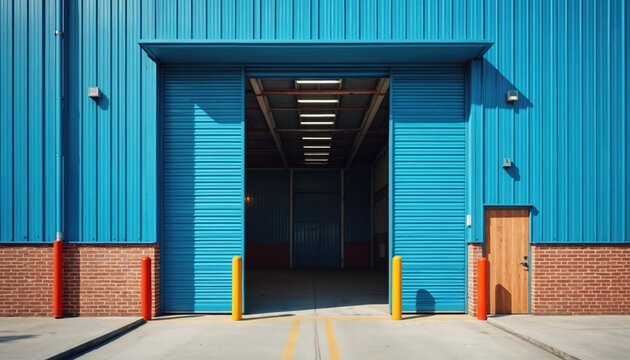 Blue industrial warehouse exterior features large open roller doors, revealing interior with lighting. Brick base contrasts with metal siding. Empty site suggests logistics or manufacturing.