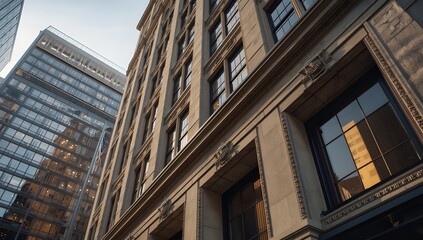 Tall modern building exterior with glass windows and stone facade, captured from a low angle against a clear sky.