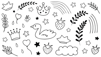 Naklejka premium Doodle style drawing with crowns, swan, rainbow, stars, strawberries, and floral elements scattered around