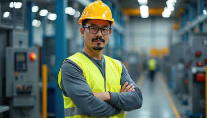 Confident Asian engineer, arms crossed, wearing hard hat and safety vest in modern manufacturing facility. Focus on precision, quality control, and industrial innovation.